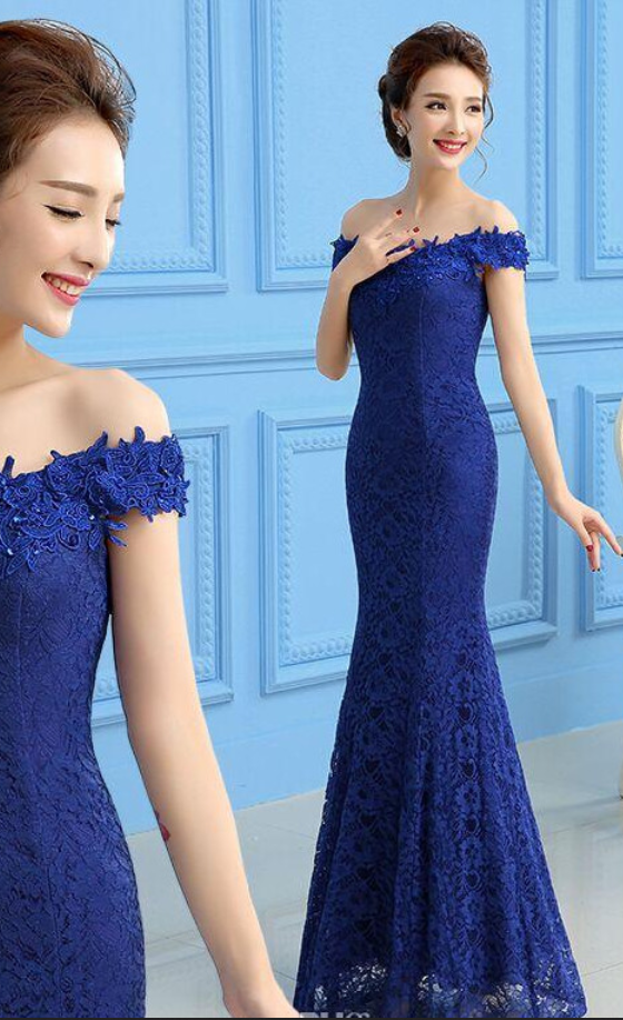 Royal Blue Lace Mermaid Off Shoulder Long Party Dress, Blue Party Gowns