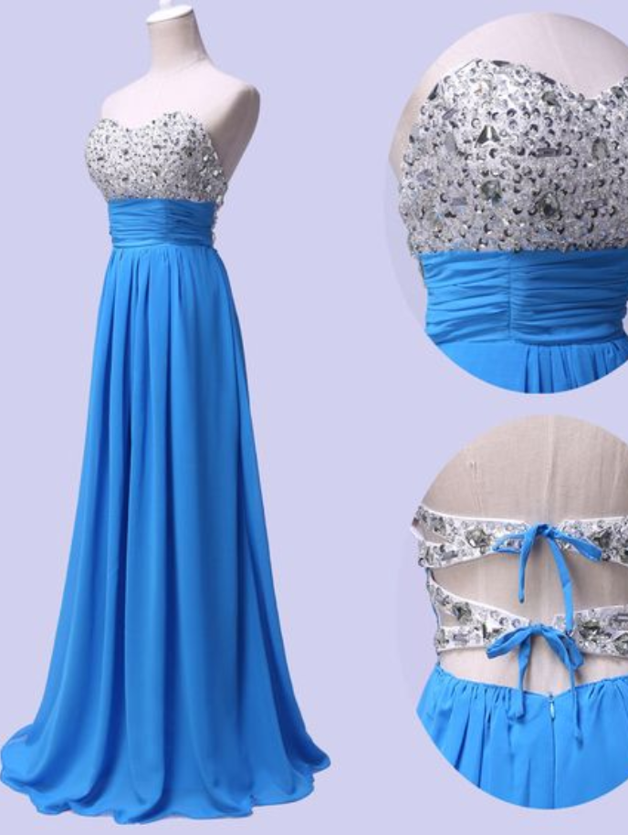 Lovely Blue Sequins And Beadings Chiffon A-line Party Dress, Charming Formal Dress
