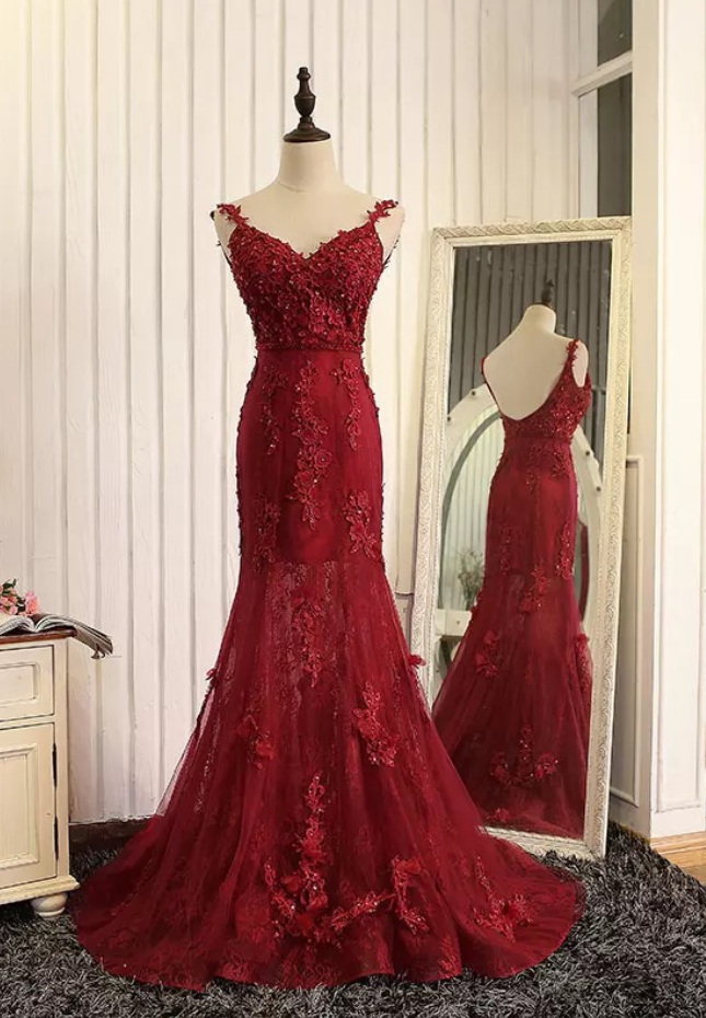 Sexy Elegant Prom Dresses, Wine Red Evening Dress,mermaid Evening Gowns,burgundy Prom Dress,lace Prom Dress,high Quality Graduation
