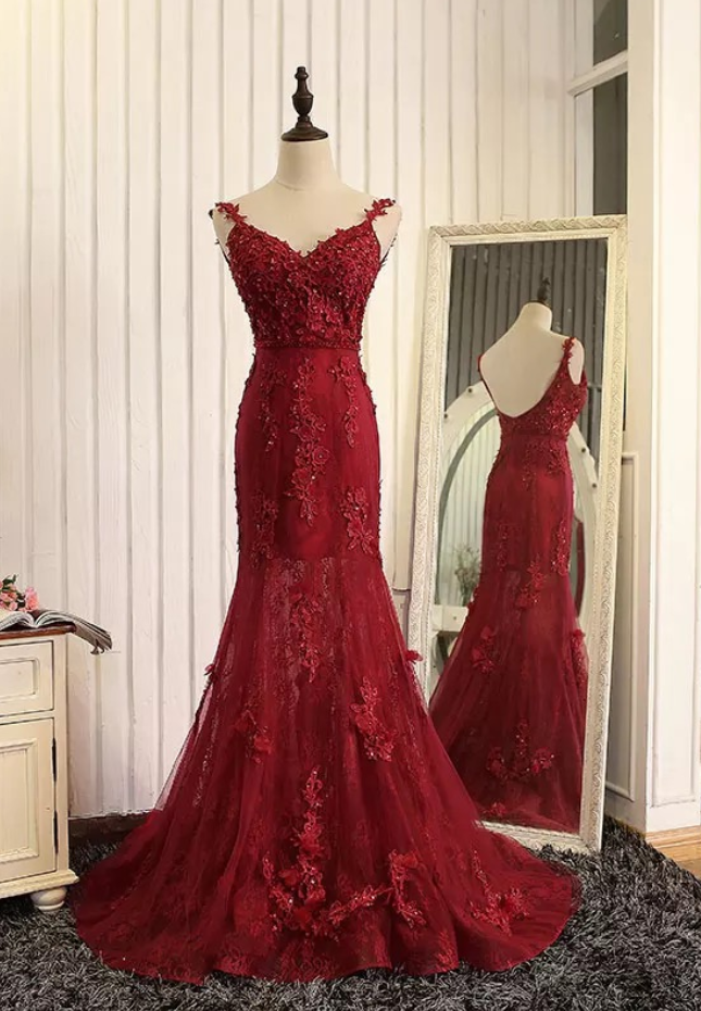 Sexy Elegant Prom Dresses, Wine Red Evening Dress,mermaid Evening Gowns,burgundy  Prom Dress,lace Pro on Luulla