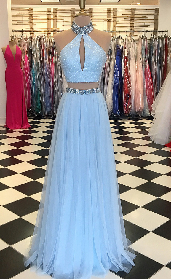 Light Blue Beaded Prom Dress,high Neck Two Piece Prom Dresses,split Formal Dress,blue Evening Dresses