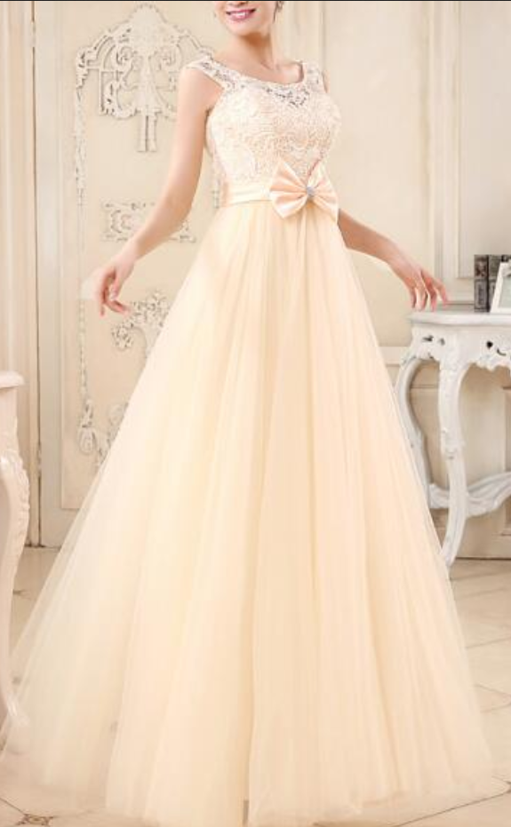 Lovely Champagne Tulle And Lace Long Handmade Prom Dresses , Cute Formal Dresses, Evening Dresses
