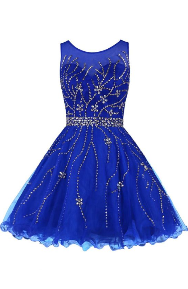 Scoop Aline Knee Length Tulle Royal Blue Dress With Beading