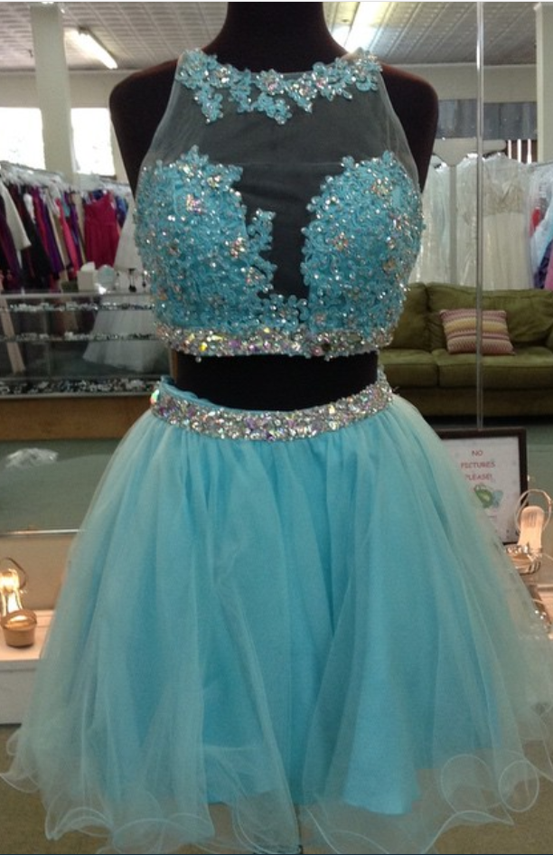Turquoise Lace Appliques Homecoming Dress,organza Ruffles Short Prom Gowns ,two Piece Homecoming Dress