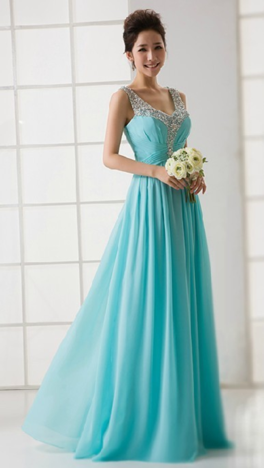Elegant Turquoise V-neck See Through Back Beaded Evening Dress Formal Prom Party Dress Long Chiffon Dresses