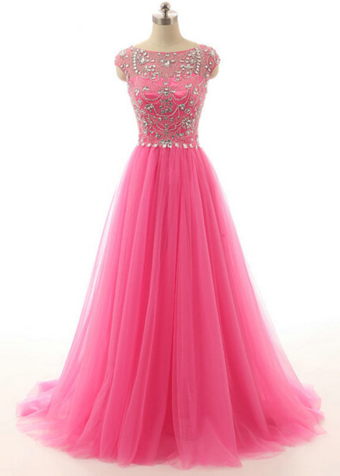 Cap Sleeve Prom Dress, Tulle Prom Dress, Modest Prom Dress, Pink Prom Dress, Formal Prom Dress, Inexpensive Prom Dress, Modest Prom Dress,