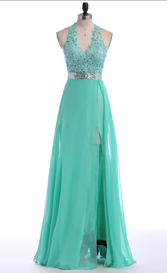 V-neck Green Prom Dress,lace Chiffon Prom Dresses,evening Dresses