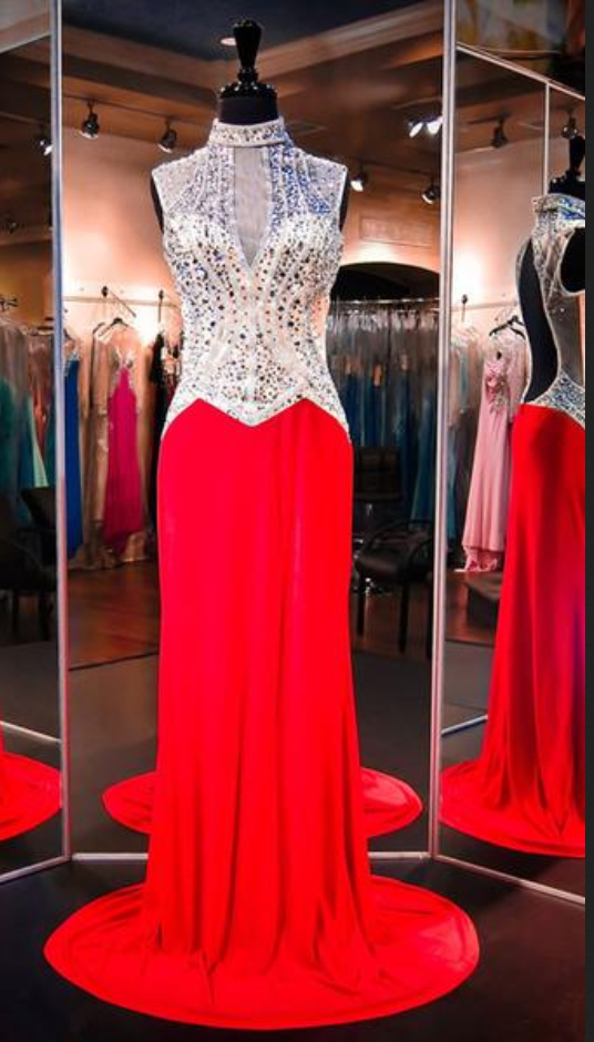 Red Sleeveless High Neck Sleeveless Evening Dress Lace Tulle Prom Dresses UQ2331 main image 1