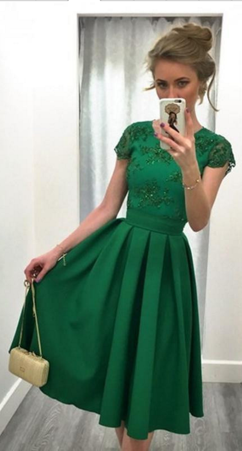 Green Knee-length Prom Dress,a-line Short Prom Dresses,short Sleeve Prom Dress Homecoming Dress