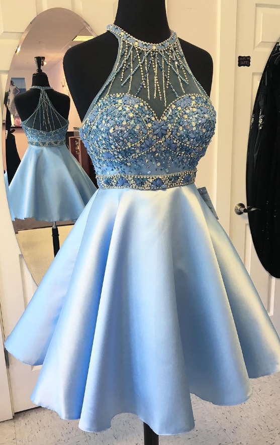 Short Prom Dress , Blue Halter Sleeveless Prom Dress , Beadings Prom Dress , Sexy Prom Dress , Aline Prom Dress , Formal Dress For Prom , Prom