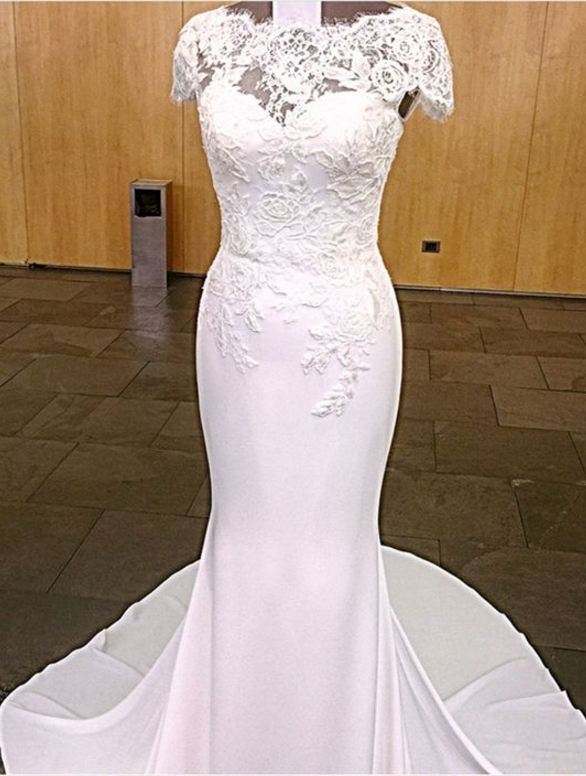 Modest Lace Cap Sleeves Long Jersey Mermaid Wedding Dresses For Women