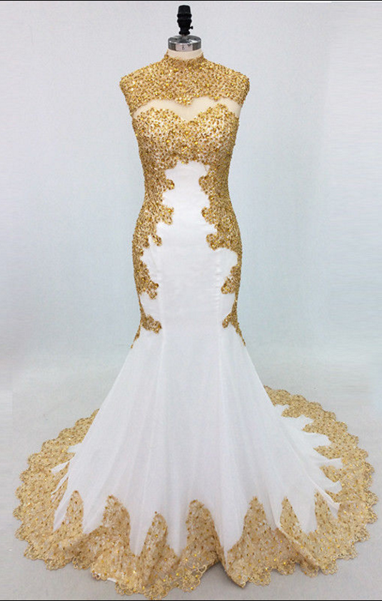 Sexy Long Evening Prom Dress Mermaid Beading Crystal Gold Embroidery White