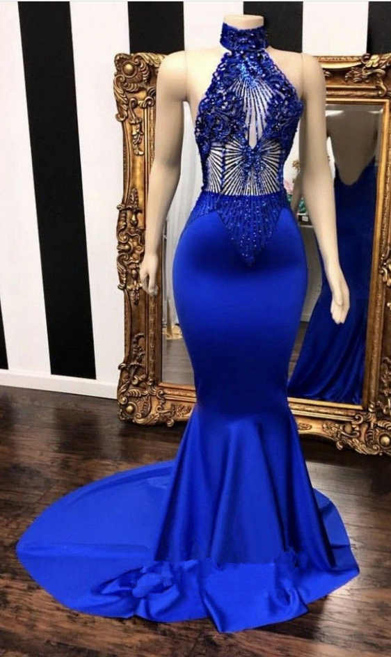 High Neck Halter Beaded Royal Blue Satin Prom Dress. Sleeveless. Illusion Beading Bodice. Mermaid Long Prom Dress With Sweep Train