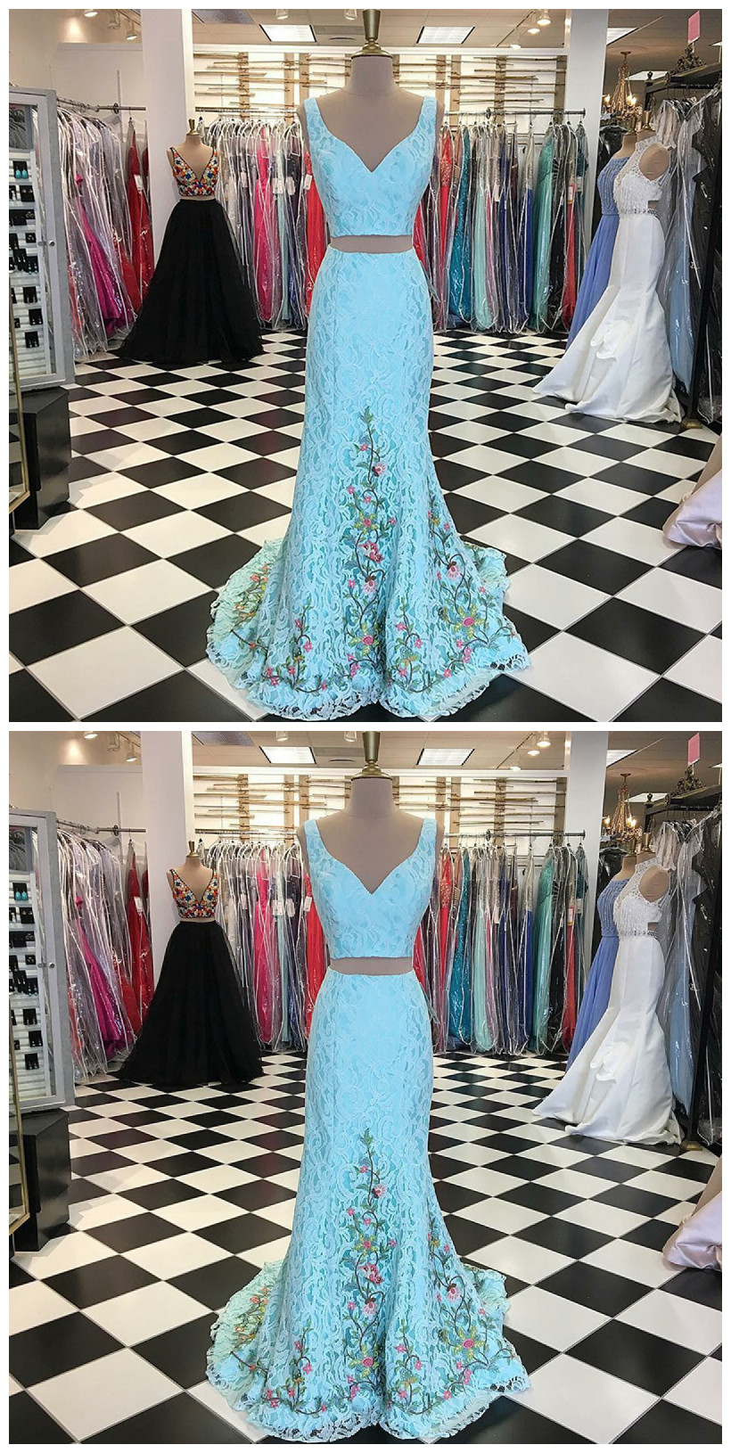 A Line Light Blue Lace Up Prom Dresses With Appliques Sweep Train LBQ1265 main image 1