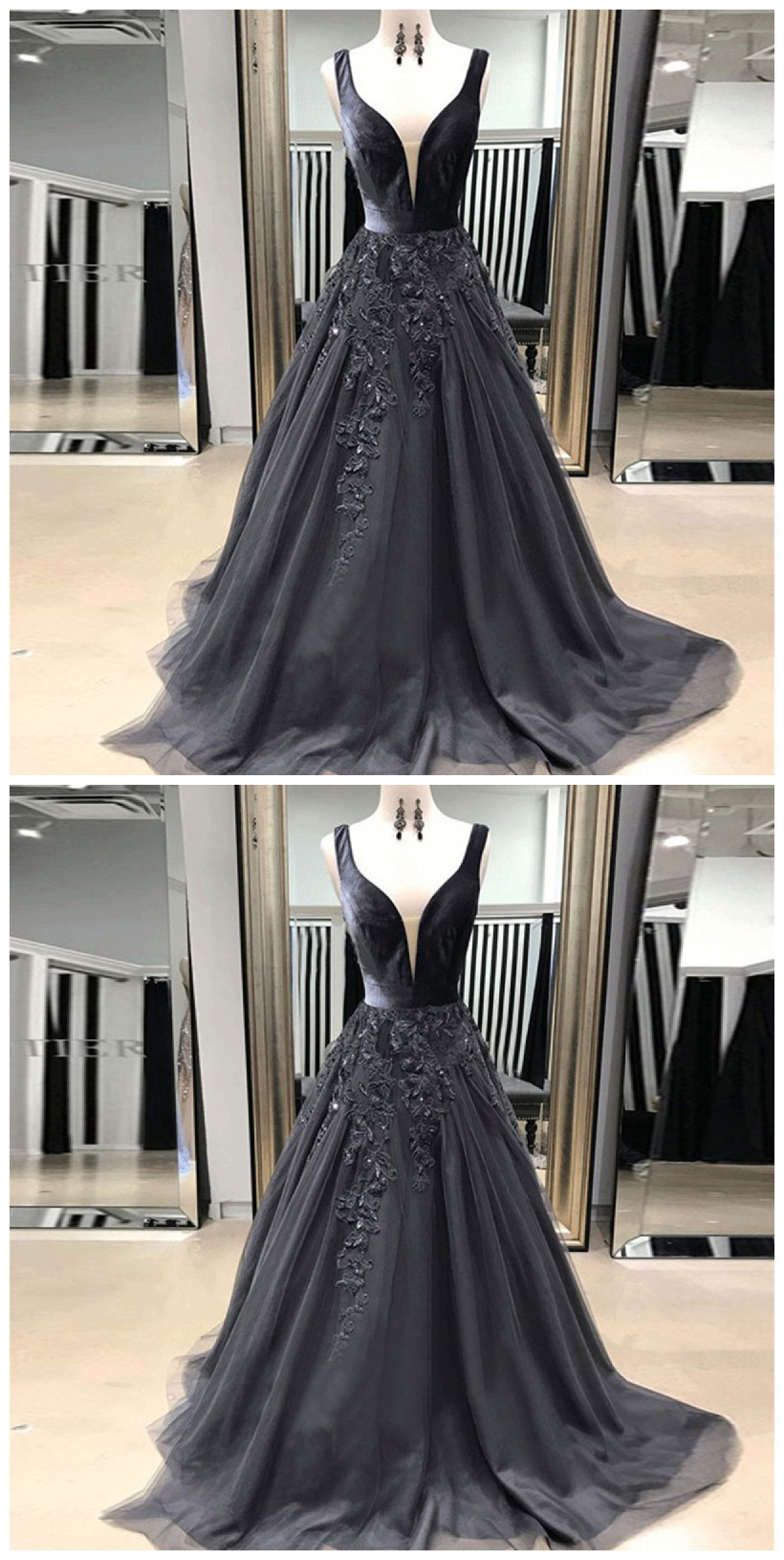 A-line V-neck Sweep Train Grey Tulle Prom Dress With Appliques