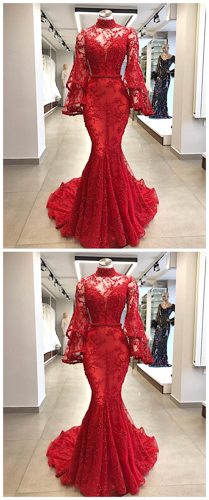 High Neck Evening Dress, Red Evening Dress, Mermaid Evening Dress, Evening Dress, Real Photo Evening Dress, Lace Applique Evening Dress,