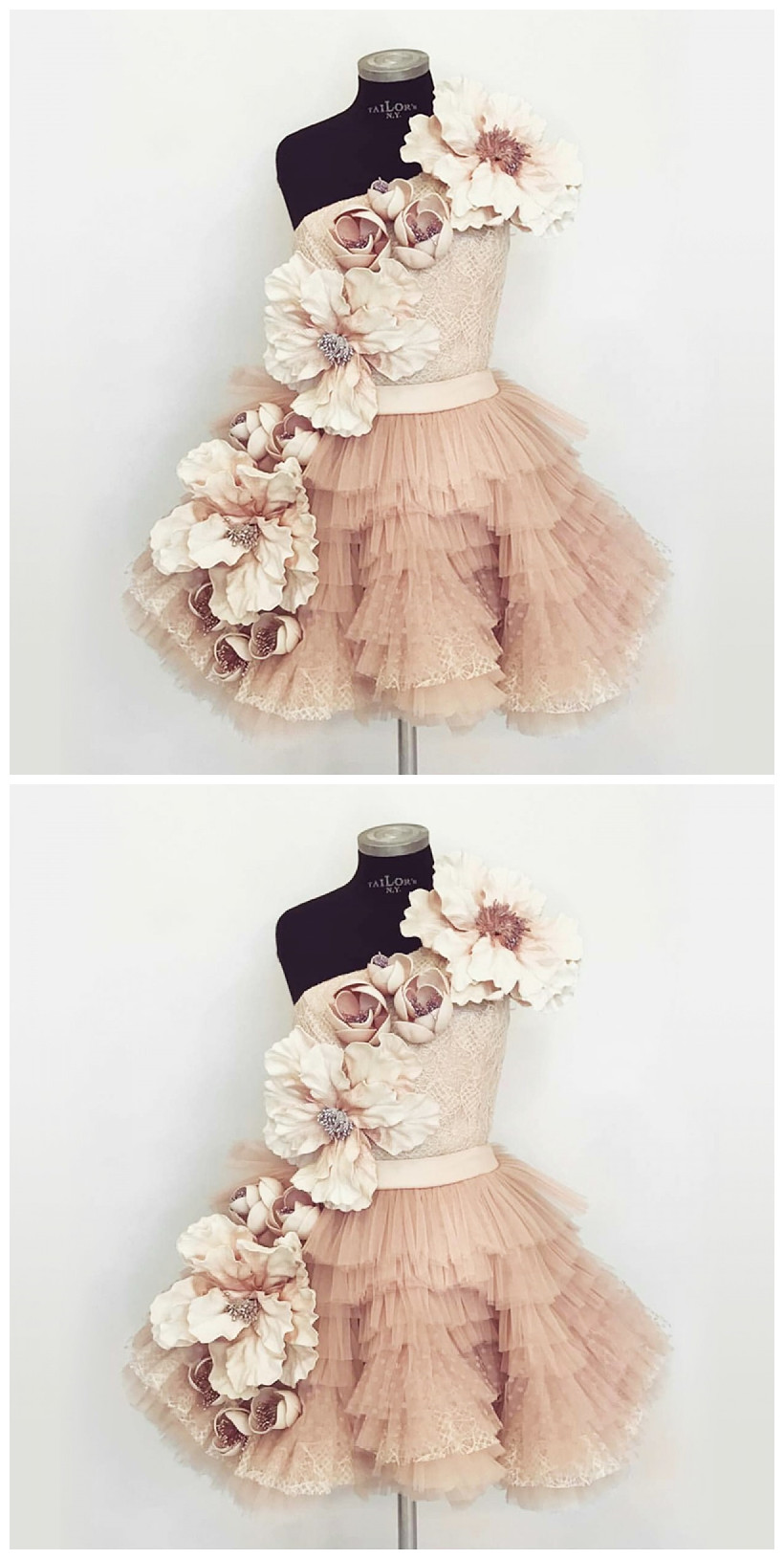 One Shoulder A-line Champagne Tiered Short Prom Dress With Flowers