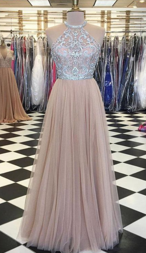 Stunning Champagne Tulle Strapless Floor Length Rhinestone Evening Dress, Long Spring A-line Cocktail Dress