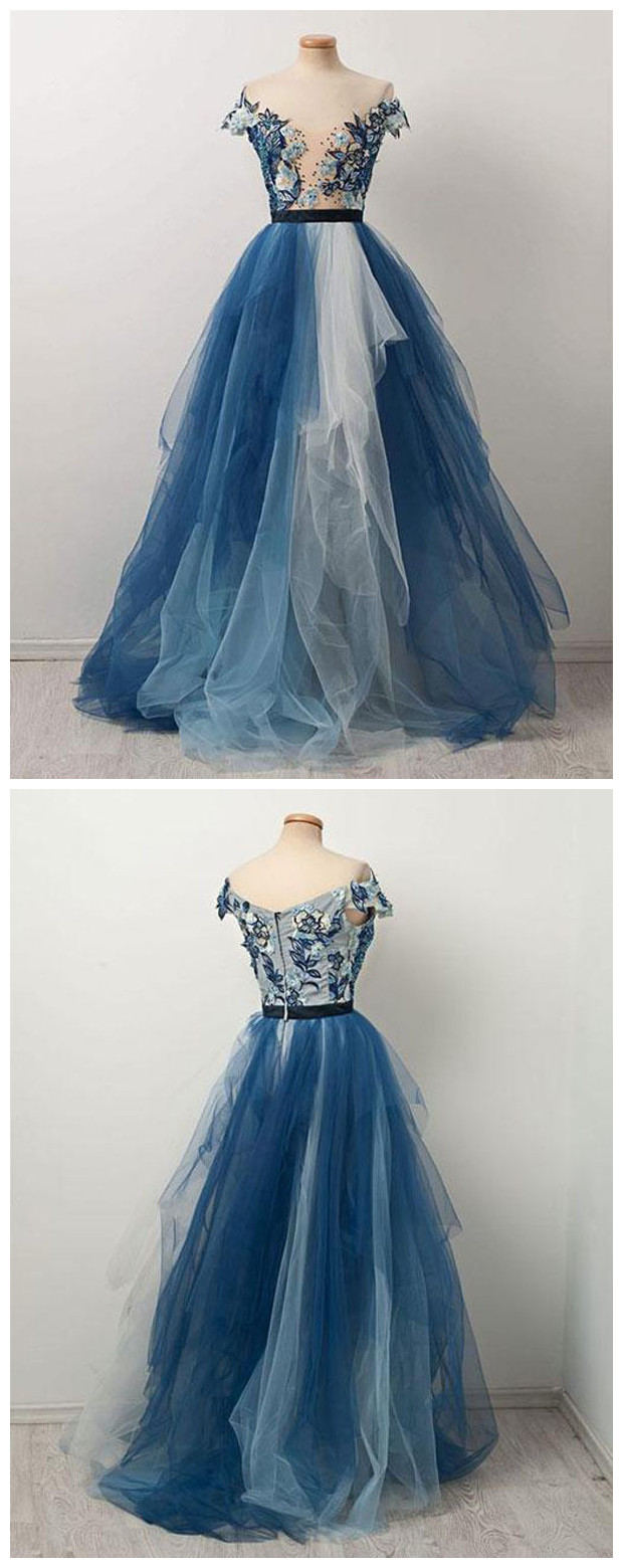 Stylish A-line Off-the-shoulder Tulle Long Prom Dress With Appliques, Prom Dress,formal Dress,