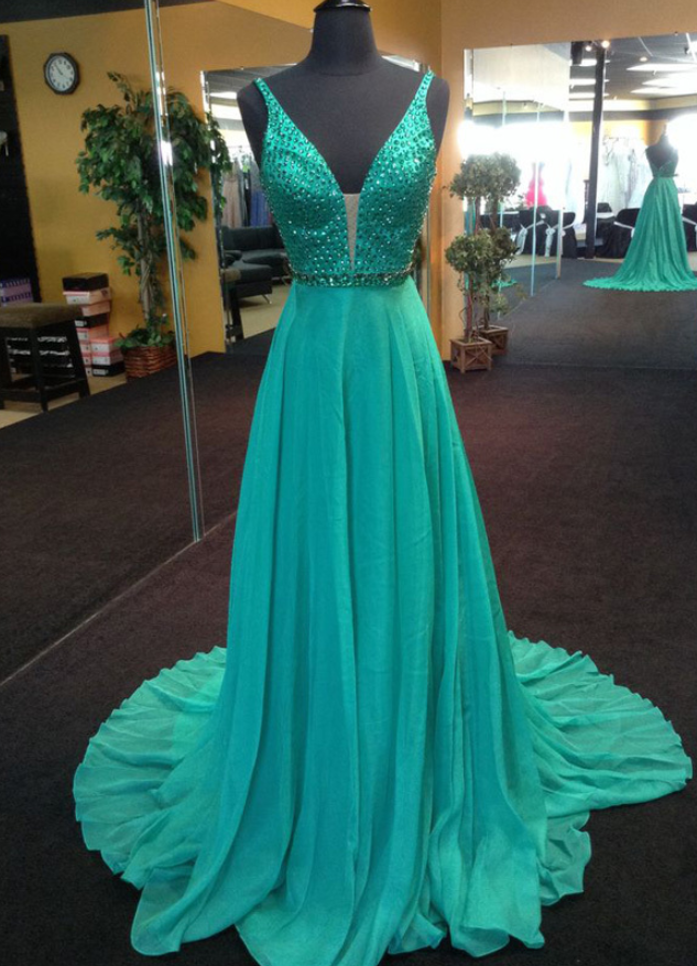 Green Chiffon Prom Dresses Long Aline Sleeveless V Neck Evening