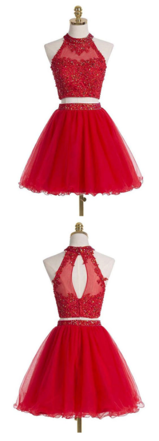 Two-piece Scoop Short Red Beaded Homecoming Dresses, With Appliques Sequins Homecoming Dress