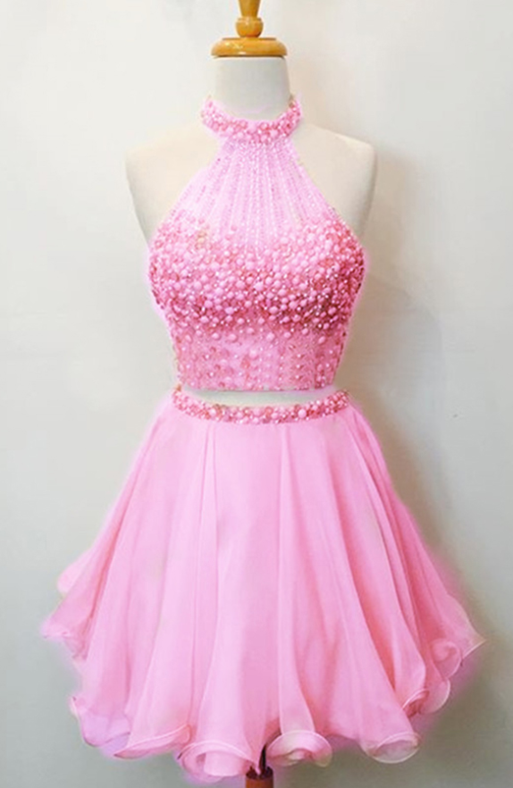 Two Piece Homecoming Dress,beaded Party Dress,pink Homecoming Gown,halter Neckline Sparkle Two Piece Prom Dress