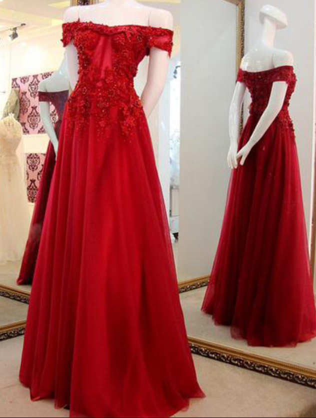 Off The Shoulder Prom Gown ,applique Lace Long Prom Dresses,tulle Party Dresses,dark Red Formal Dresses,prom Dresses