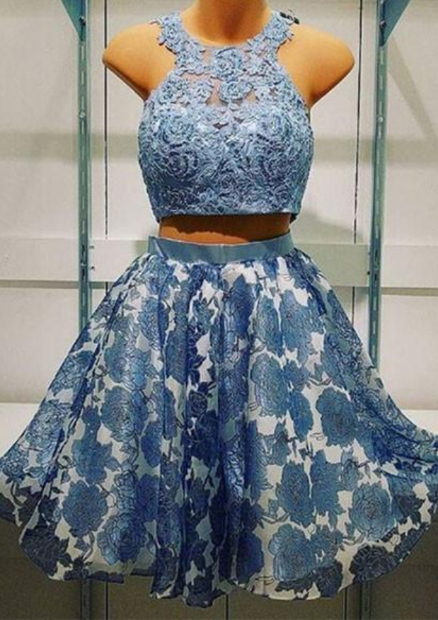 Halter Blue Two Pieces Lace Short Homecoming Prom Dress