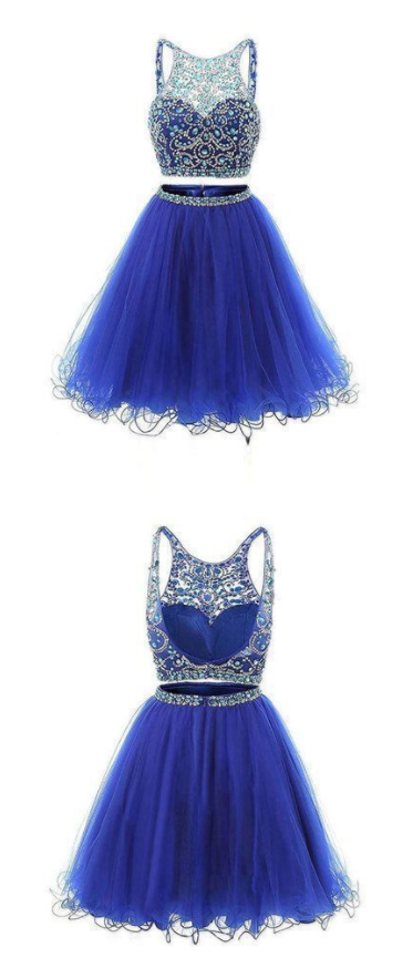 Fashion Two Pieces Royal Blue Crystal Beaded Short Prom Dress, Custom Made 2 Pieces Short Prom Gowns,two Pieces Tulle Mini Cocktail Dress