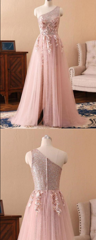 Sparkly Gorgeous Chic A-line One Shoulder Sparkly Prom Dress Floor Length Prom Dresses Sleeveless Evening Dress