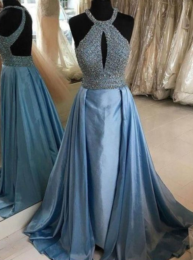 Halter Prom Dresses With Train Women Engagement Formal Dress Long With Beading