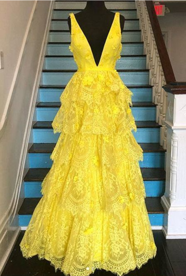 Beautiful Custom Made Yellow V Neck Sleeveless Lace Applique Prom Dresses Long Evening Dresses