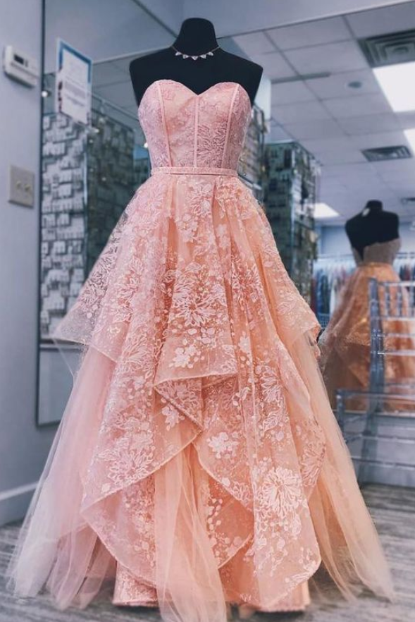 Glamorous Princess Pink Sweetheart Neck Tulle Lace Long Prom Dress, Pink Evening Dress