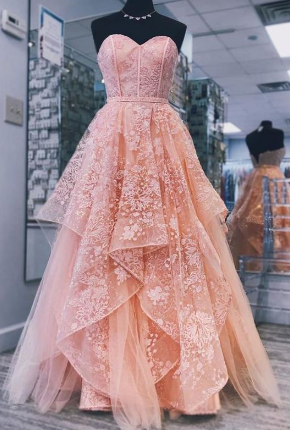 Glamorous Princess Pink Sweetheart Neck Tulle Lace Long Prom Dress, Pink Evening Dress