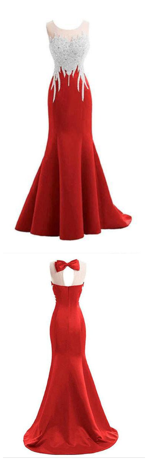 Red Mermaid Sleeveless Prom Dress With Appliques, Long Formal Dress With Sparkles