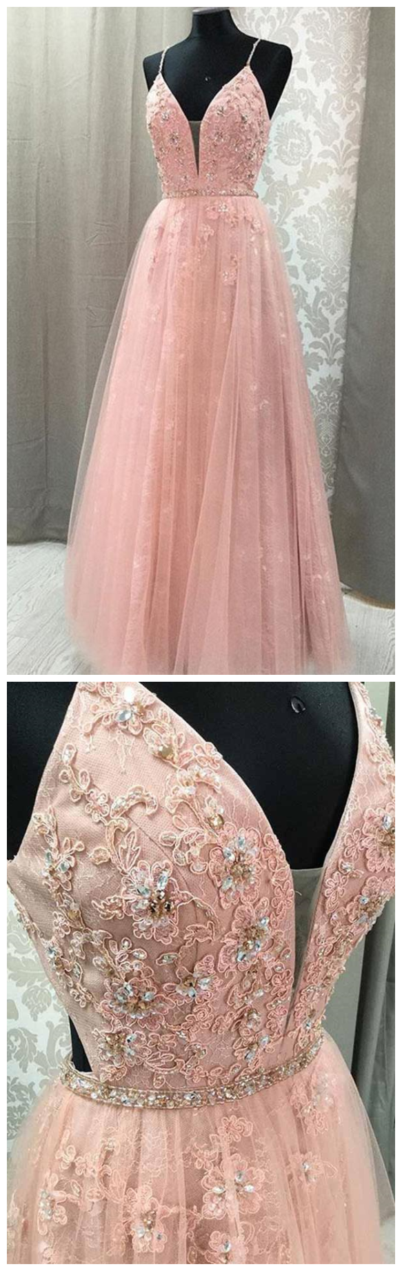 Blush V Neck Prom Dress With Rhinestone, Long Prom Dresses With Appliques