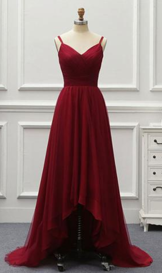 A Line High Low Tulle Prom Dress With Train, Burgundy V Neck Backless Formal Dress