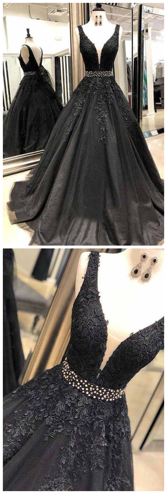 Black Appliques Prom Dress With Beaded Waist, A Line Tulle Long Graduation Dresses