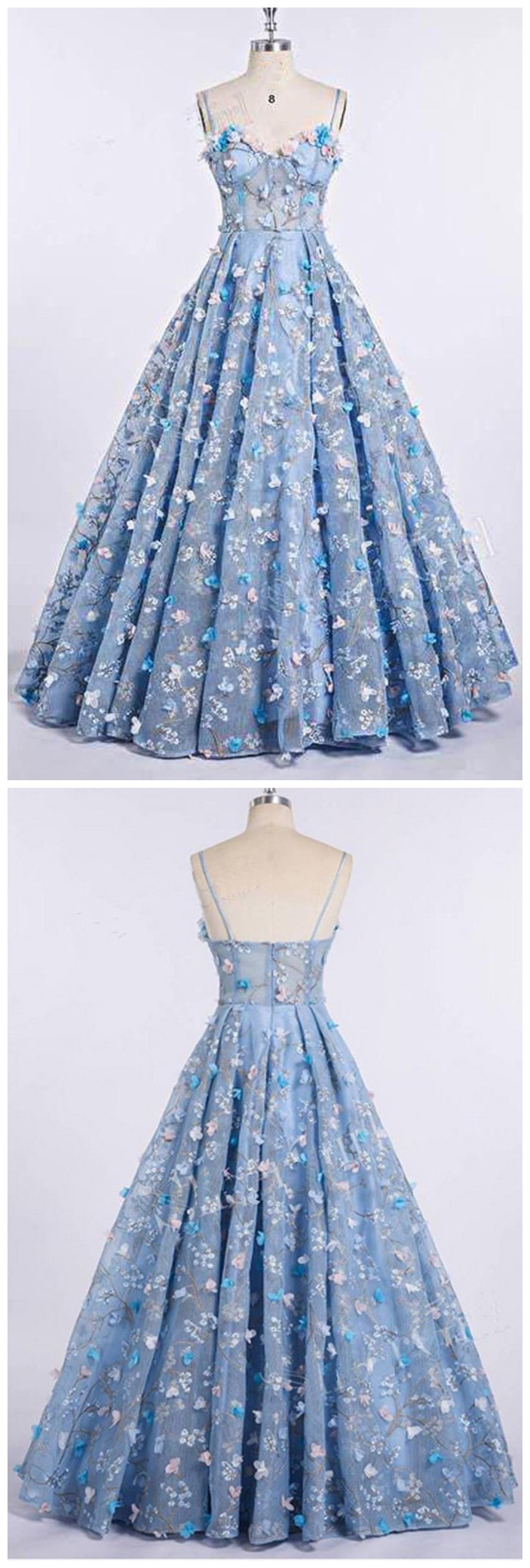 Blue Lace Spaghetti Strap 3d Flowers Applique Prom Dress, Ball Gowns