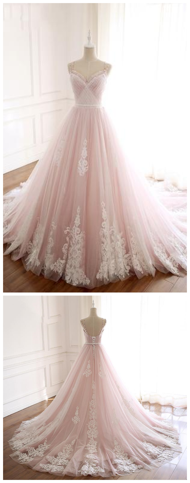 Pink Straps Tulle Prom Dress With Lace Appliques, A Line Formal Dresses