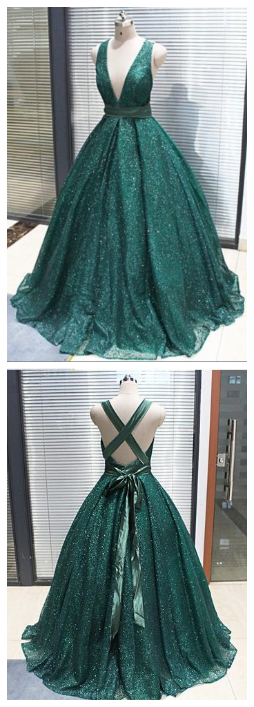 Shinny V Neck Green Sequined Ball Gown Long Prom Dresses, Quinceanera Dresses
