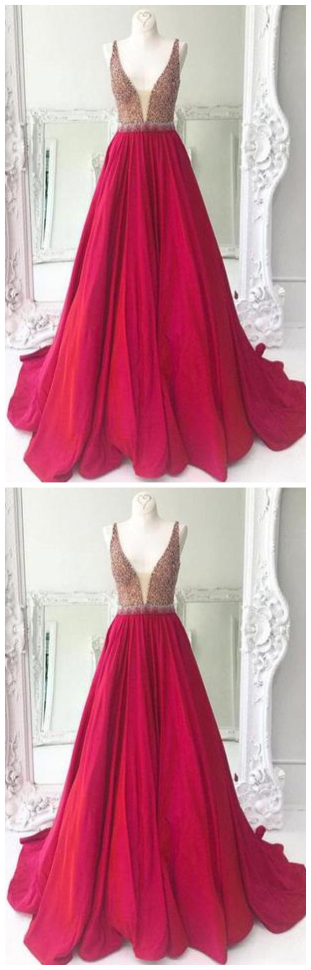 Sparkly Deep V Neck Fuchsia Long Prom Dress With Beading, A Line Sleeveless Party Dress