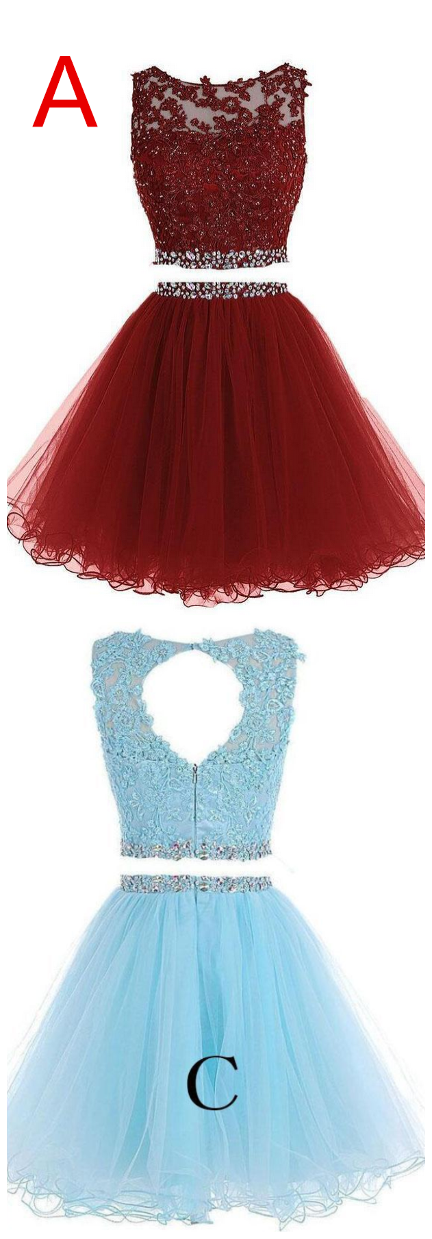 Two Piece Homecoming Dresses,a-line Tulle Appliqued Homecoming Gown With Beads