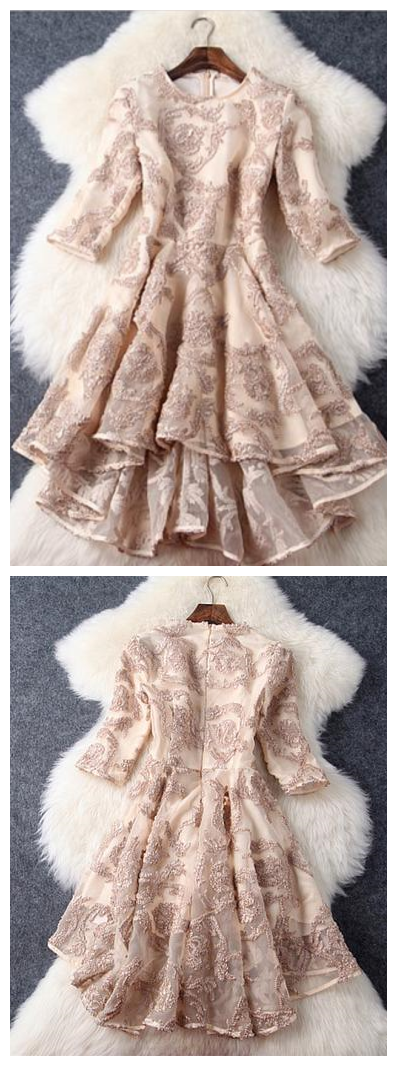 Fashion High-low Round Neck Lace Short Prom Dress With Sleeves For Teens