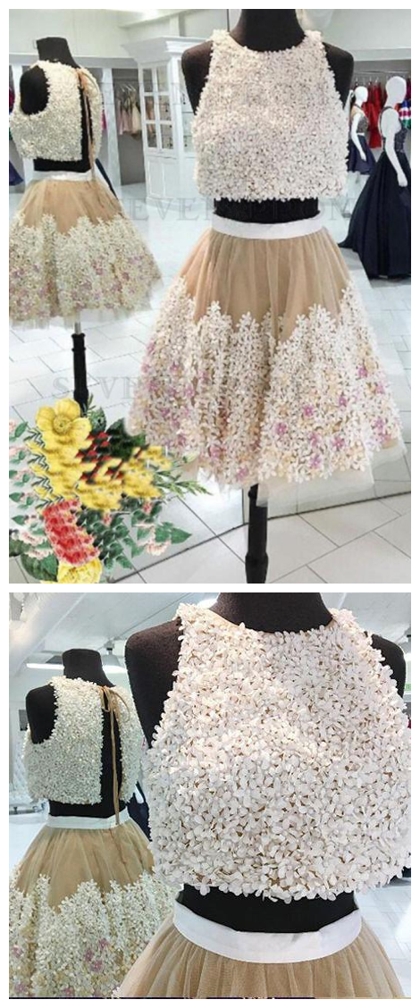 Two Pieces Tulle Appliques Sleeveless Homecoming Dresses,a-line Mini Party Dresses