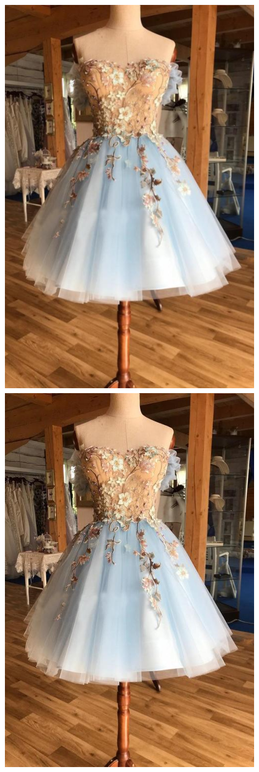 A Line Light Blue Off The Shoulder Above Knee Homecoming Prom Dress With Appliques