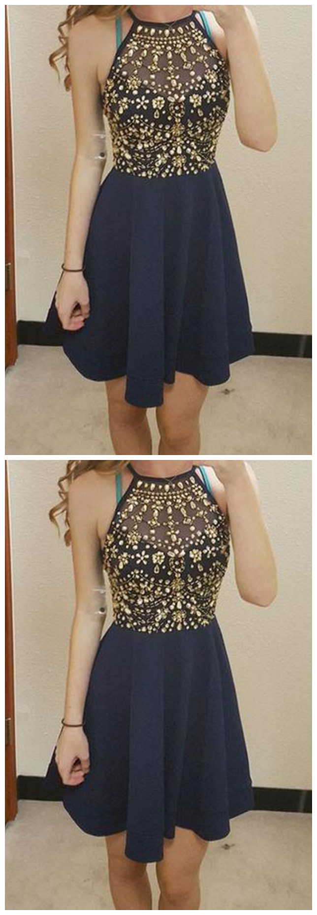 Navy Blue Sleeveless Short Homecoming Dress, Cute Mini Prom Dress With Rhinestones