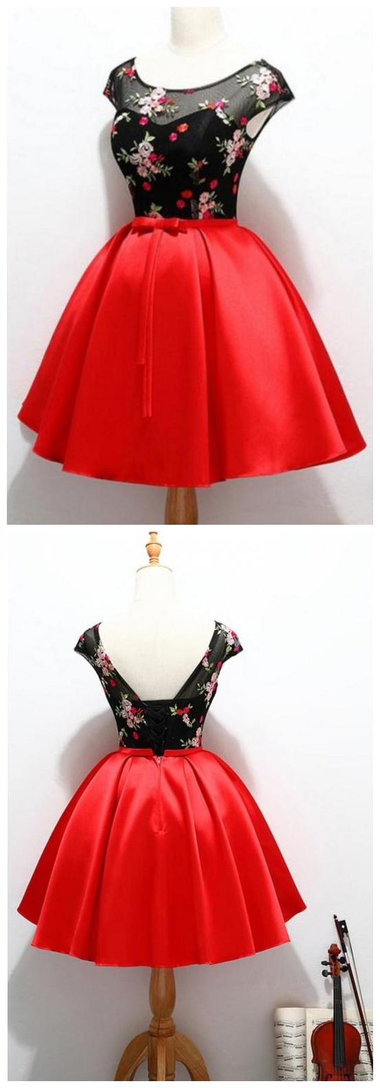 Black And Red Satin Homecoming Party Dresses With Applique, A Line Short Prom Dress