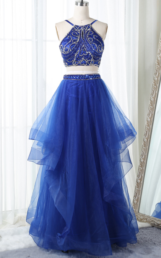 Two Piece Halter Backless Royal Blue Tulle Long Prom/evening Dress With Beading