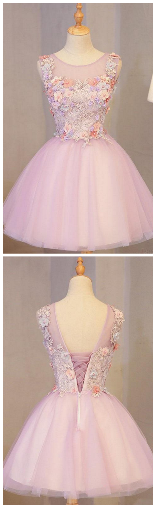 A Line Pink Tulle Homecoming Dress With Flowers, Short Prom Dress With ...